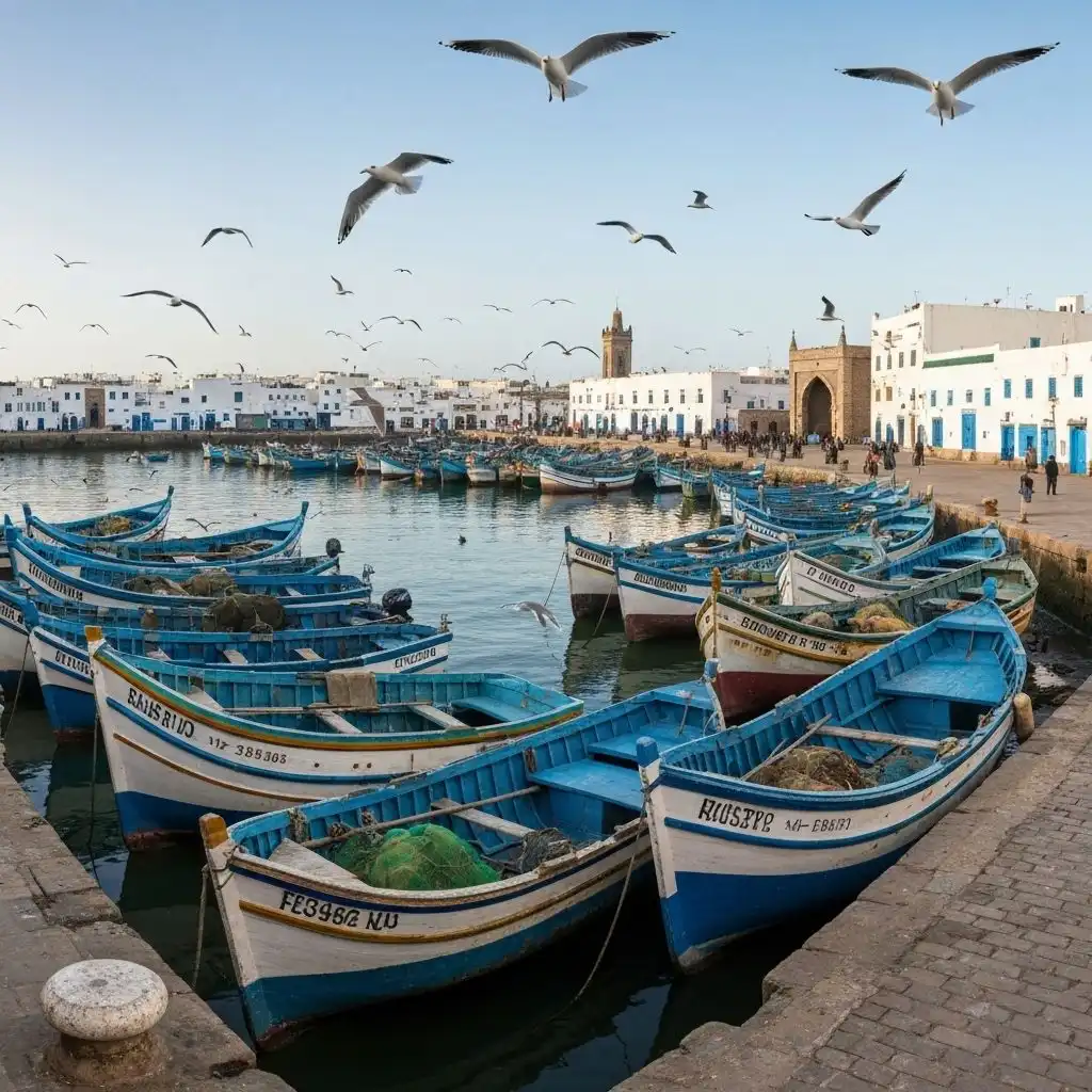 Port de pêche traditionnel Essaouira avec bateaux et mouettes au coucher du soleil
